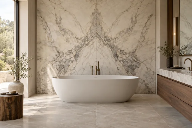 Two mirrored marble slabs frame a freestanding bath, with a walnut vanity, brass fittings and soft daylight.