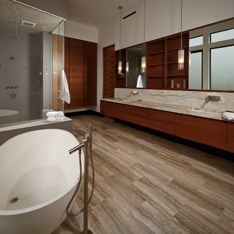 Stone with flowing linear bands is used for the bathroom walls and floor, alongside dark cabinetry and warm timber details.