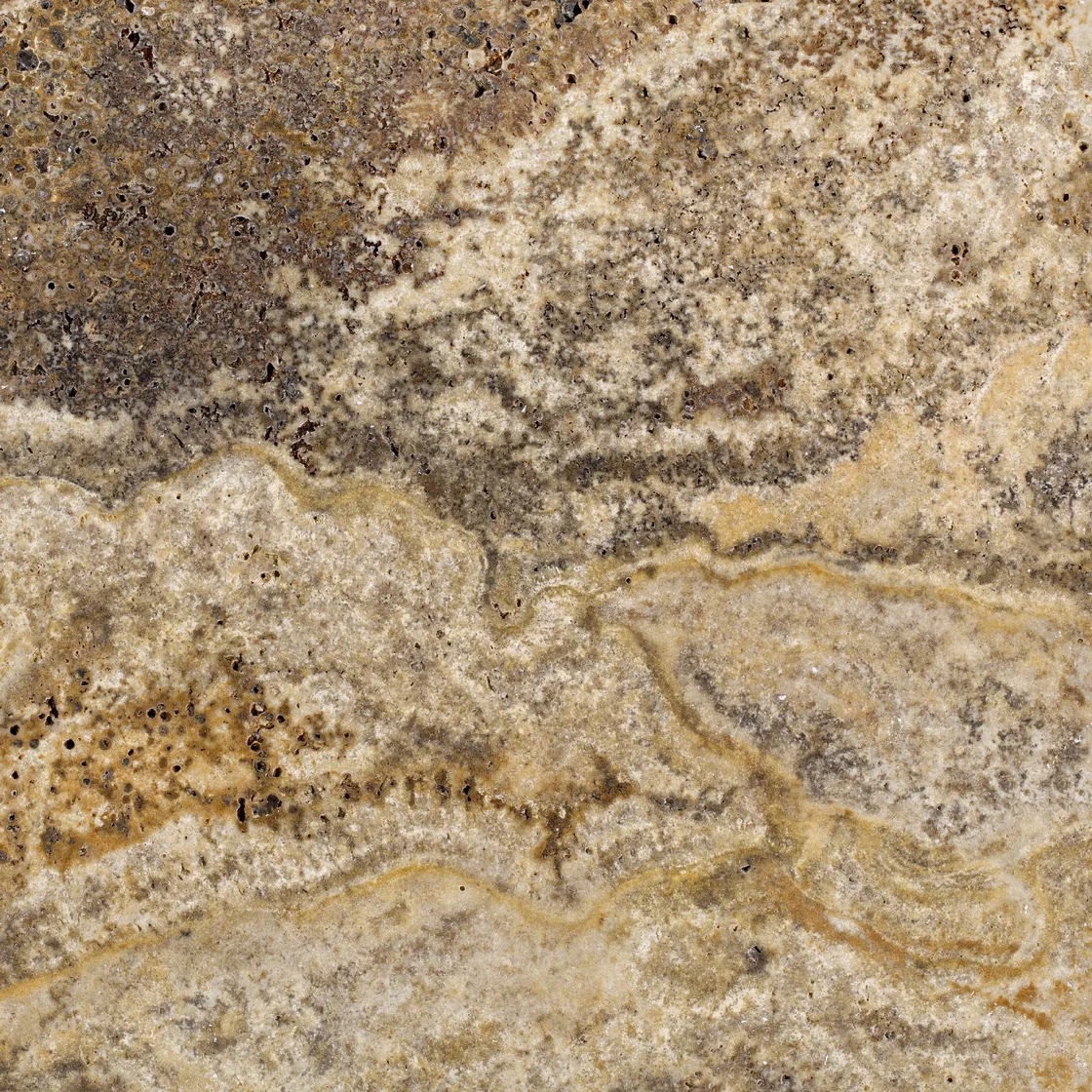 Scabella | travertine tile Scabella travertine tile — golden yellow and honey tones, contrasting dark patches and clustered mineral details